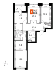 ЖК «Sky Garden», планировка 3-комнатной квартиры, 80.60 м²