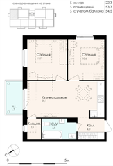 МЖК «Новая Дубровка», планировка 2-комнатной квартиры, 54.50 м²