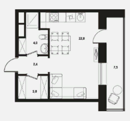 Апарт-отель «Клубный дом на Менжинского», планировка 1-комнатной квартиры, 32.20 м²