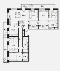Апарт-отель «Клубный дом на Менжинского», планировка 5-комнатной квартиры, 130.30 м²