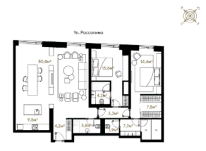 Апарт-отель «Roza Rossa», планировка 2-комнатной квартиры, 122.56 м²