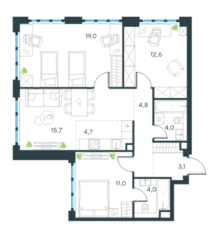 МФК «Level Южнопортовая», планировка 4-комнатной квартиры, 79.00 м²