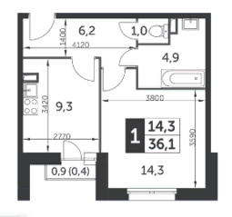 ЖК «Настроение», планировка 1-комнатной квартиры, 36.20 м²