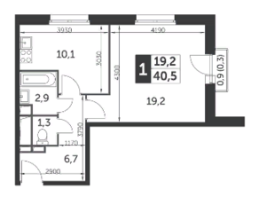 ЖК «Настроение», планировка 1-комнатной квартиры, 40.50 м²