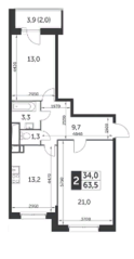 ЖК «Настроение», планировка 2-комнатной квартиры, 63.50 м²