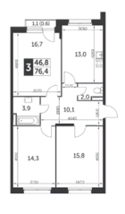 ЖК «Настроение», планировка 3-комнатной квартиры, 76.30 м²
