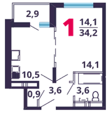 ЖК «Лидер парк», планировка 1-комнатной квартиры, 34.20 м²