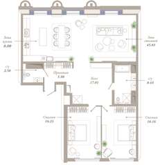 ЖК «Приоритет», планировка 3-комнатной квартиры, 122.22 м²