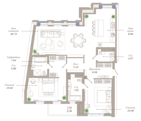 ЖК «Приоритет», планировка 3-комнатной квартиры, 137.88 м²