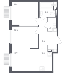 ЖК «Мытищи Парк», планировка 3-комнатной квартиры, 51.10 м²