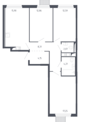 ЖК «Мытищи Парк», планировка 3-комнатной квартиры, 77.34 м²