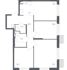 ЖК «Мытищи Парк», планировка 4-комнатной квартиры, 70.60 м²