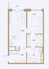 ЖК «Большой 67», планировка 1-комнатной квартиры, 52.16 м²