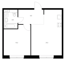 ЖК «Бутово парк 2», планировка 1-комнатной квартиры, 44.90 м²