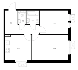 ЖК «Бутово парк 2», планировка 2-комнатной квартиры, 54.40 м²