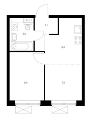ЖК «Новое Очаково», планировка 2-комнатной квартиры, 32.30 м²
