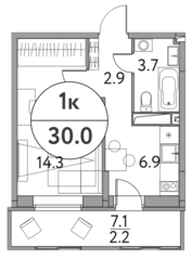 ЖК «Солнечная долина» (Щелково), планировка 1-комнатной квартиры, 30.00 м²
