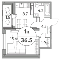 ЖК «Солнечная долина» (Щелково), планировка 1-комнатной квартиры, 36.50 м²