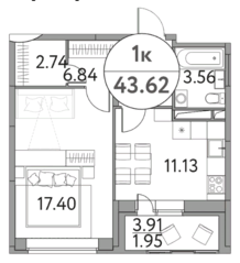ЖК «Солнечная долина» (Щелково), планировка 1-комнатной квартиры, 43.62 м²