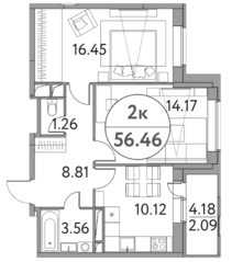 ЖК «Солнечная долина» (Щелково), планировка 2-комнатной квартиры, 56.46 м²