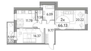 ЖК «Солнечная долина» (Щелково), планировка 2-комнатной квартиры, 66.13 м²