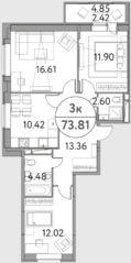 ЖК «Солнечная долина» (Щелково), планировка 3-комнатной квартиры, 73.81 м²