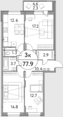 ЖК «Солнечная долина» (Щелково), планировка 3-комнатной квартиры, 77.90 м²