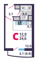 ЖК «Лобня Сити», планировка студии, 24.60 м²