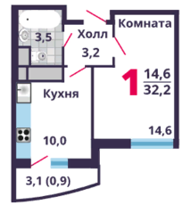 ЖК «Лобня Сити», планировка 1-комнатной квартиры, 32.20 м²