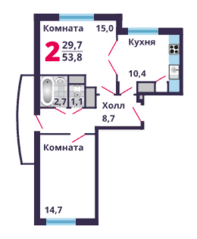 ЖК «Лобня Сити», планировка 2-комнатной квартиры, 53.80 м²