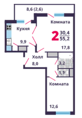 ЖК «Лобня Сити», планировка 2-комнатной квартиры, 55.20 м²