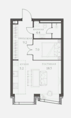Апарт-отель «Ahead», планировка 1-комнатной квартиры, 46.01 м²