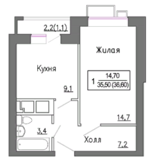 МЖК «Новое Замитино», планировка 1-комнатной квартиры, 35.50 м²