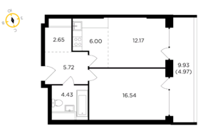 ЖК «RiverSky», планировка 2-комнатной квартиры, 52.48 м²