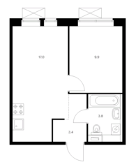 ЖК «Ильинские луга», планировка 1-комнатной квартиры, 34.10 м²