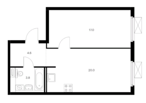 ЖК «Одинцово-1», планировка 1-комнатной квартиры, 45.40 м²