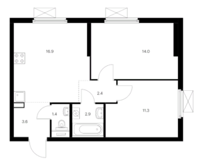 ЖК «Одинцово-1», планировка 2-комнатной квартиры, 52.50 м²