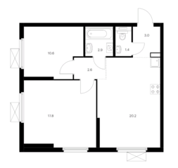 ЖК «Одинцово-1», планировка 2-комнатной квартиры, 58.50 м²