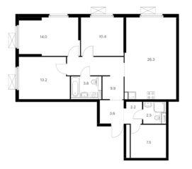 ЖК «Одинцово-1», планировка 3-комнатной квартиры, 93.40 м²