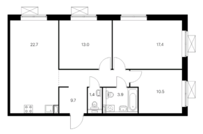 ЖК «Одинцово-1», планировка 3-комнатной квартиры, 78.60 м²
