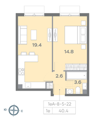 ЖК «ParkSide», планировка 1-комнатной квартиры, 40.40 м²