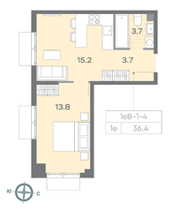 ЖК «ParkSide», планировка 1-комнатной квартиры, 36.40 м²