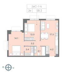 ЖК «ParkSide», планировка 2-комнатной квартиры, 58.30 м²