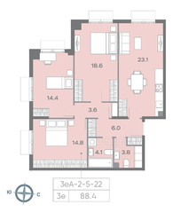 ЖК «ParkSide», планировка 3-комнатной квартиры, 88.40 м²