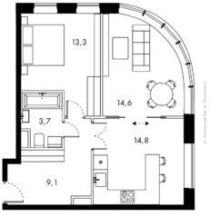 ЖК «Bauman House», планировка 2-комнатной квартиры, 55.80 м²