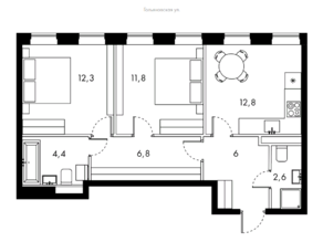 ЖК «Bauman House», планировка 2-комнатной квартиры, 56.50 м²