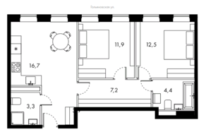 ЖК «Bauman House», планировка 2-комнатной квартиры, 59.60 м²