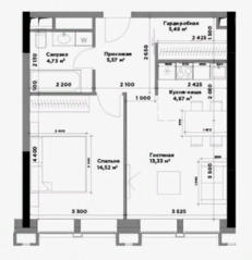МФК «Правда», планировка 1-комнатной квартиры, 46.61 м²