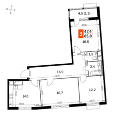 ЖК UP-квартал «Римский», планировка 3-комнатной квартиры, 85.80 м²