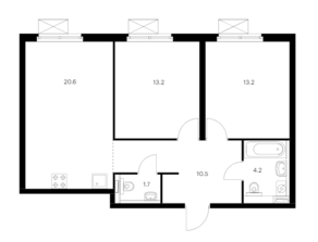 ЖК «Полярная 25», планировка 2-комнатной квартиры, 63.40 м²